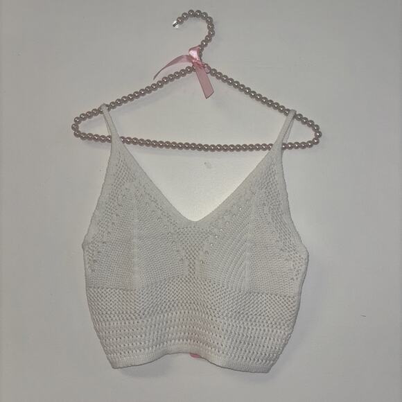 Women’s Knit Tank Baby Cami Sz M L 70s White Funky NWT Event 100% Cotton Crop - Picture 1 of 8